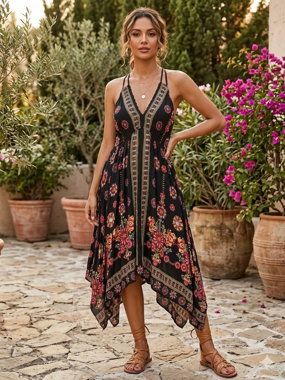 Angie Bohemian Floral Handkerchief Hem Dress - Black